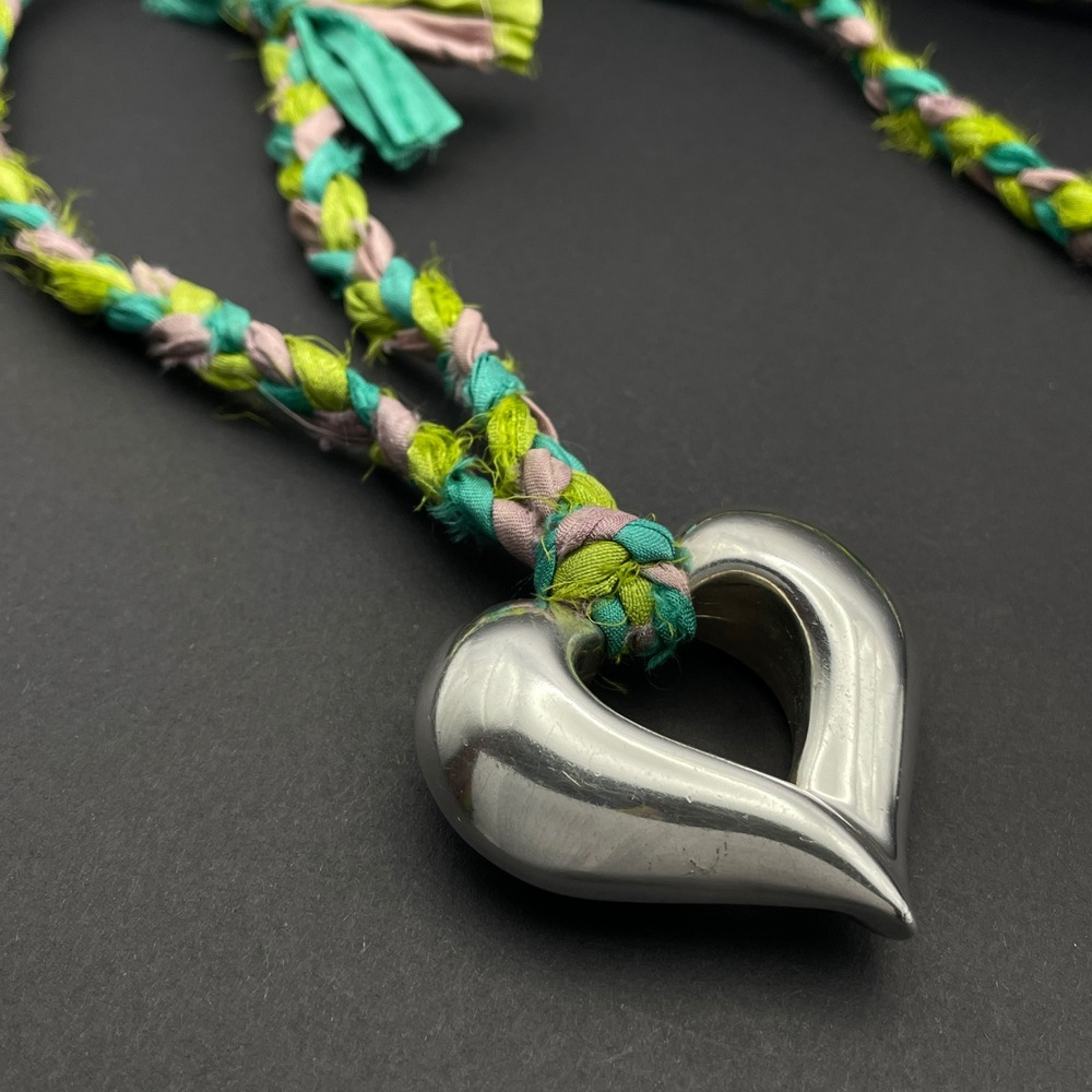 Airess Sterling Silver Hollow Puff Heart Pendant Necklace Braided‎ Silk Boho
